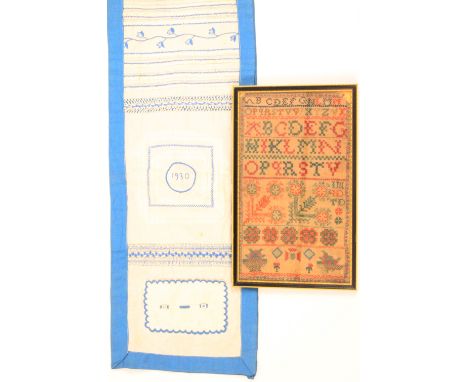 Three samplers comprising an early 18th framed example worked with alphabet, spandrils, flowering jardinires and other motifs