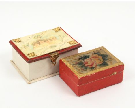 Two children's cardboard sewing boxes, comprising a rectangular example the lid with a colour print of four young girls and i