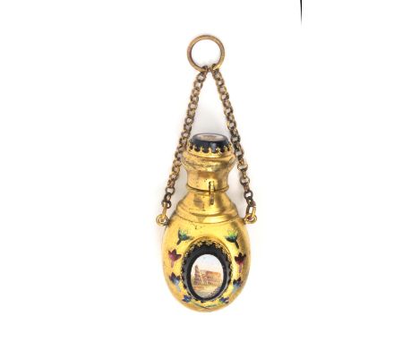 A continental gilt metal and micro mosaic scent bottle, circa 1870, the oval gilt body set to one side with a  micro mosaic p