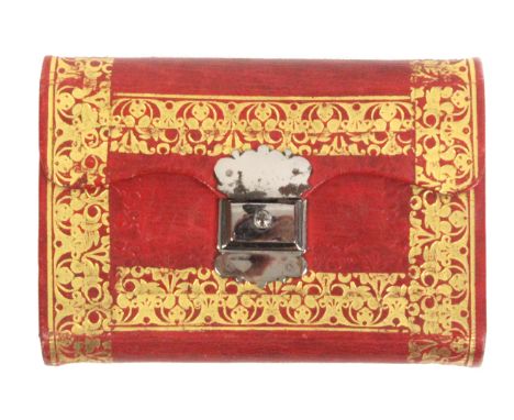 A red morocco and gilt tooled wallet form sewing companion, circa 1815, bright steel catch, interior in tan leather with nume