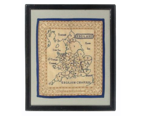 A map sampler 'Clapham British School', the map of England, Wales and part of Scotland, counties with single letter, within s