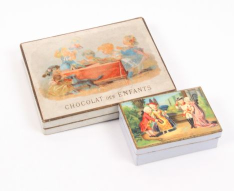 Two 19th Century colour printed cardboard boxes, comprising a rectangular example the lid with young girls at work and play o