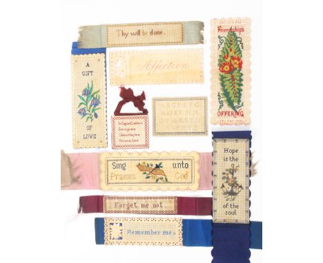 Bristol card work, comprising an inscribed stamp purse, 6.2cm, an alphabet sampler, 9.2cm, and eight book marks, one unworked