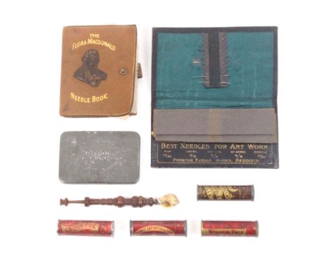 A mixed lot - sewing  -  comprising four metal cylinder form Mitrailleuse style needle cases, 6cm, a wooden lace bobbin, a ti