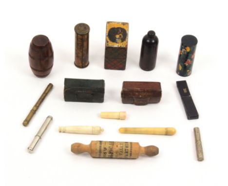 A collection of needles cases and containers comprising two leather book form examples titled 'Needles', 4.5cm, a Tartan ware