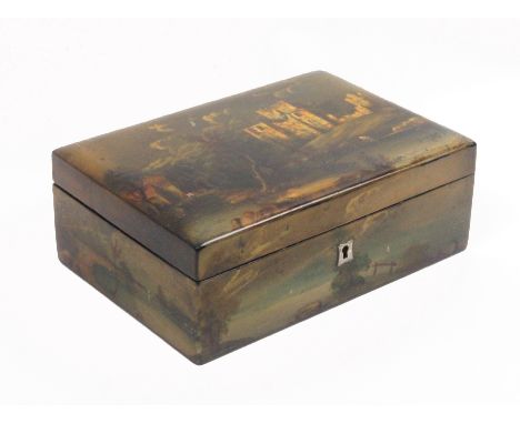 An early Victorian papier mache rectangular sewing box of small size, the lid and sides painted all over with continuous rive