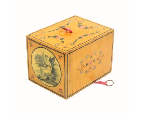 A rare and unusual Georgian whitewood card game or 'fortune telling' box of rectangular form, the sides painted with floral g