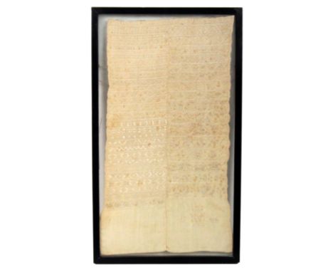 A German whitework band sampler dated 1744, formed from two panels of various bands of raised decorative stitches in patterns