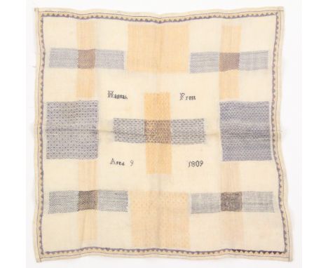 A good early 19th Century darning sampler, unmounted, the colours fresh, by 'Hannah Frost, Aged 9, 1809' in colours of grey, 