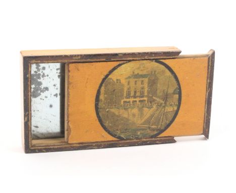 A rare and unusual print decorated early Tunbridge ware travelling mirror by Wise the rectangular case with sliding lid with 