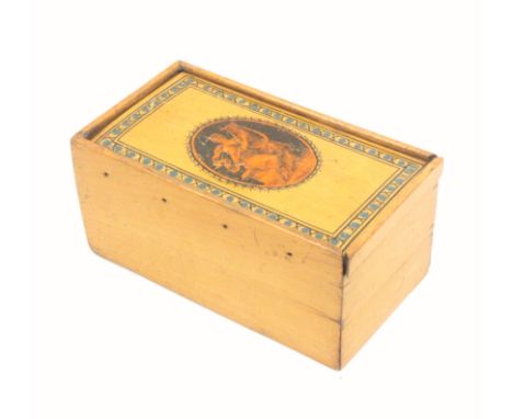 A Georgian whitewood sewing and reel box, probably early Tunbridge ware, of rectangular form, the sliding lid with a red tint