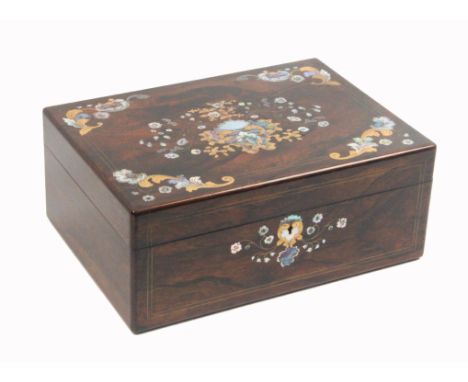 An attractive mid Victorian rosewood sewing box by Woolfield inlaid in pearl and brass of rectangular form, the front and lid