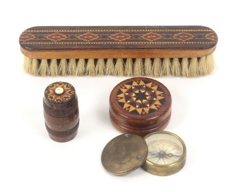 Tunbridge ware - three pieces, comprising an attractive turned yew wood circular box the lid with stickware circular inlay, t