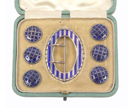 Buttons and a buckle, a cased set of six buttons and a buckle, the buttons in blue enamel trellis design, 2cm, the oval buckl