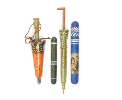 Four brightly decorated continental wooden needle cases two of umbrella form, largest 16cm, and two of cylinder form, one app