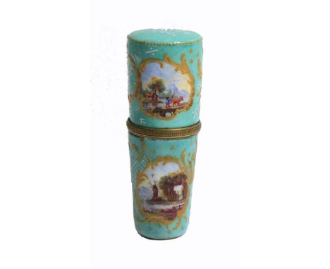 A good late 18th/early 19th Century Staffordshire enamel etui, of large tapering cylinder form, the green ground with four la