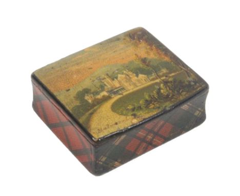 A small Tartan ware snuff box by C. Stivens, Laurencekirk, the lid painted with a titled view of Balmoral, full length wooden