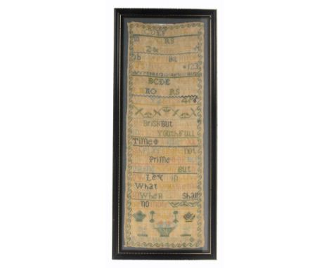 A strip sampler 'Mary Hull, 1760', worked with alphabets, numerals, a verse, strawberries, baskets of flowers, birds, crowns 