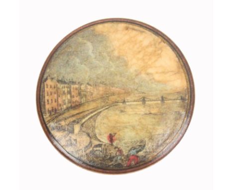 An early print decorated Tunbridge ware white wood pin wheel one side with  a colour print of the Brighton Pavilion with eleg