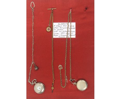 Three cards, one mounted with an engraved EPNS spectacle case on chains and ring, 26cm and a pince - nez, one with three Albe