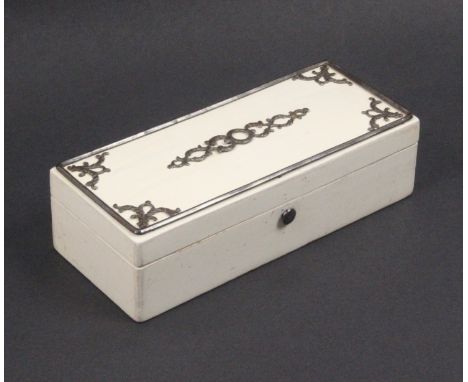 A mid 19th Century French sewing box for a child, of rectangular form in ivory paint, the lid with cut steel mounts and mould