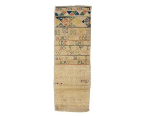 A band sampler initialled 'WH-IE' and dated '1729'  with bands of geometric motifs above numerous letters of the alphabet, so