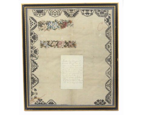 A poignant unfinished sampler 1809, geometric medallion Quaker style border in the Ackworth school manner, enclosing two unfi