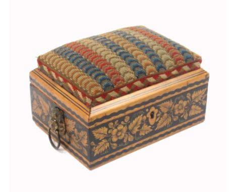 A Regency whitewood pen work weighted sewing box, the sides decorated with flowers between wavy lines, brass lion mask ring s