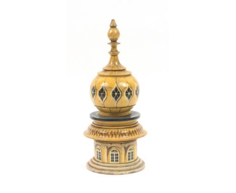 A good early 19th painted Tunbridge ware sewing compendium in the form of a Brighton Pavilion tower in three sections, the lo