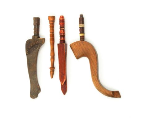 Four wooden knitting sheaths and sticks  comprising a Dent Dale sheath with carved decoration, faint traces of initials, 22cm