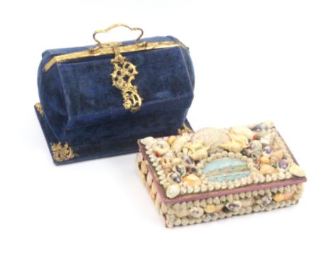 A shell work sewing box and a blue velvet sewing box,  both circa 1890, the shell work box of rectangular form the lid with c