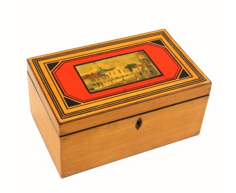 A good and rare early Tunbridge ware white wood print decorated box by Geo. Wise of rectangular form, the lid with a colour p