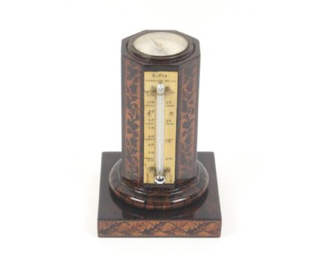 A rosewood thermometer and compass stand by Nye, the square base with floral mosaic sides, the octagonal column in variant ba