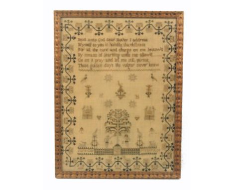 A sampler 'Jane Goman Prouse, 1836', worked with a verse over a tree flanked by Adam and Eve amid flowering jardineres, trees