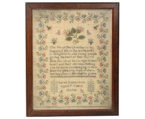 An early Victorian Sampler  'Sarah Richardson aged 7 years, 1839' with central verse amid jardinires, birds, trees and flower