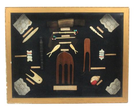 A mixed lot - sewing -  comprising a framed display of sewing and other tools, titled 'Sewing and Needlework Accessories comm