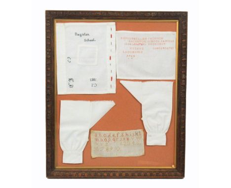 A group of sample pieces 'Remothellen Jackson, Bagington School, 1883', comprising a pair of miniature sleeves and cuffs, 18c