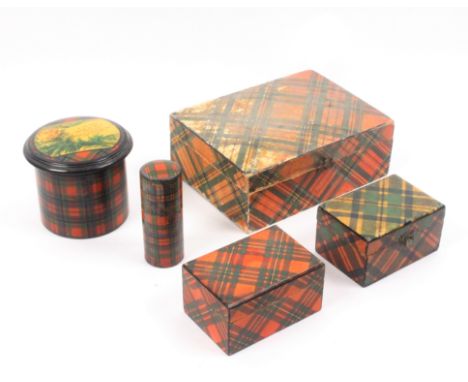 Tartan ware - five pieces, comprising a circular box (McPherson/colour floral print and verse), 7.5cm, a cylinder box (McFarl