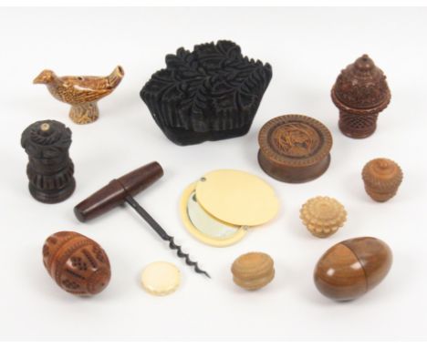 A mixed lot comprising a coquilla egg and two other pieces, a silk printing block , 11.5cm, an engine turned ivory circular b