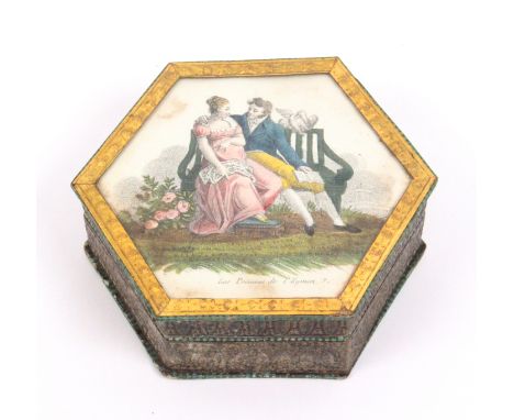 A mid 19th Century French bonbonniere in card, of hexagonal form, the sides in pressed paper the lid inset with a coloured pr