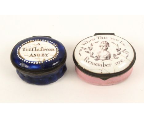 Two late 18th Century oval enamel patch boxes, comprising an example inscribed 'When This You Fee Remember Me' around a bust 