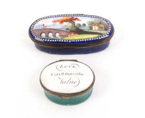 Two late 18th Century oval enamel patch boxes, comprising an elongated oval example depicting a figure crossing a bridge with