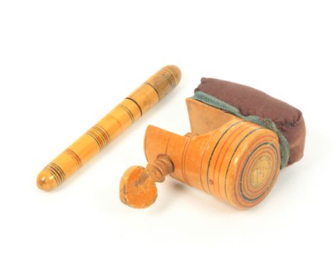Tunbridge ware - sewing - two pieces, comprising a ring painted cylinder whitewood clamp the end with printed circular label 