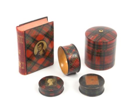 Tartan ware - five pieces, comprising a book (Stuart/ portrait of Burns) titled 'Burns Poetical Works' - 1902, 9cm, a napkin 