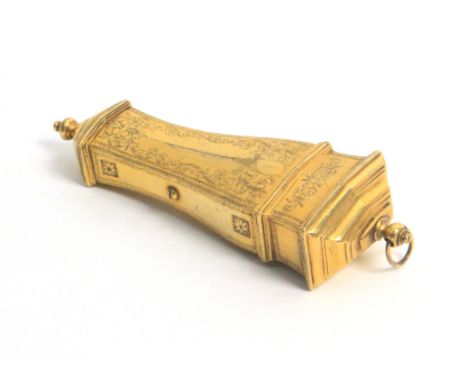 An unusual 18th Century engraved and gilded double hinge etui, of rectangular section and inward curving form, the upper lid 