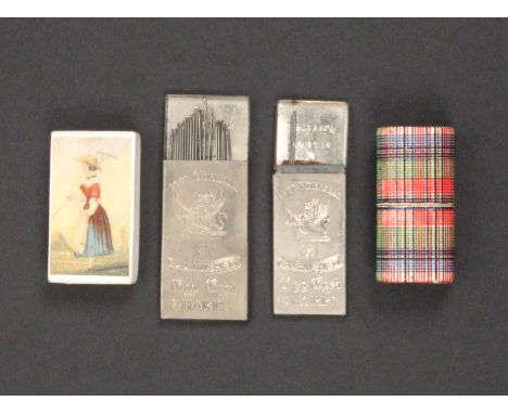 Four needle packet containers comprising two variant white metal sliding examples for 'Abel Morrall's', largest 5cm, a cardbo