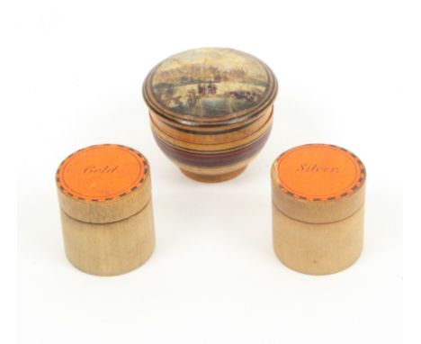 An early Tunbridge ware print and paint decorated salve pot and two cylinder bead boxes, the line painted pot with a domed li