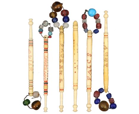 Lace Bobbins - six turned bone lace bobbins spot inscribed Dear Aunt/Buy the Ring/Kiss Me Quick/Don't Be Falcs/Love Don't Be 
