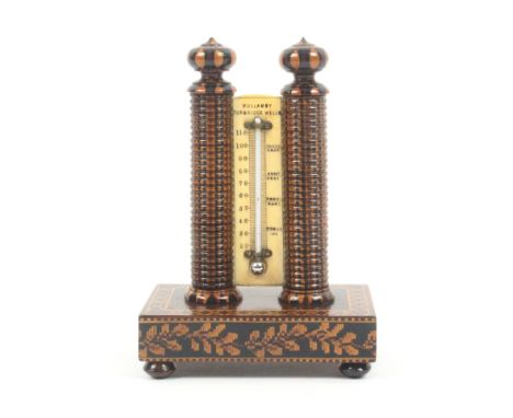 A good Tunbridge ware thermometer stand, the ivory scale with mercury thermometer and inscribed 'Hollamby Tunbridge Wells', b