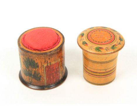 Two pieces of early painted whitewood Tunbridge ware, comprising a ring painted cylinder pin poppet, the screw off overhangin